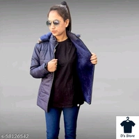 Dark Blue Women Fur Jacket With Fur Hood - M