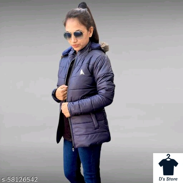 Dark Blue Women Fur Jacket With Fur Hood - M