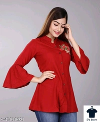 Women Front Open Red Tunic With Flower Embroidery - XXL