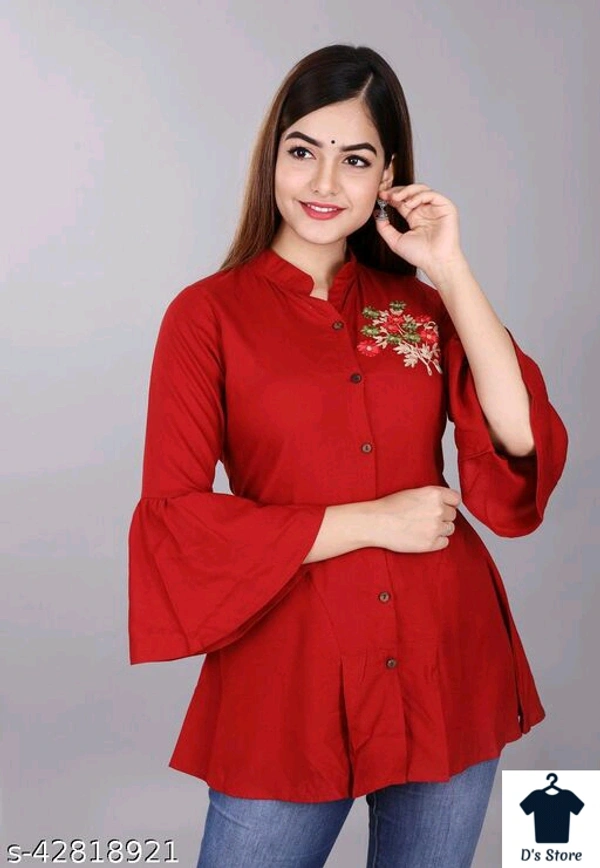 Women Front Open Red Tunic With Flower Embroidery - XXL