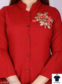 Women Front Open Red Tunic With Flower Embroidery - XXL