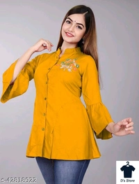 Women Front Open Yellow Tunic With Flower Embroidery - L