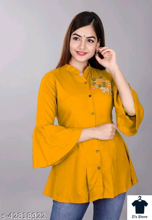 Women Front Open Yellow Tunic With Flower Embroidery - L