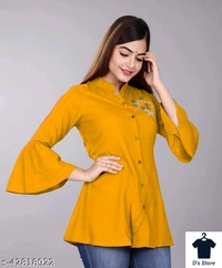 Women Front Open Yellow Tunic With Flower Embroidery - L