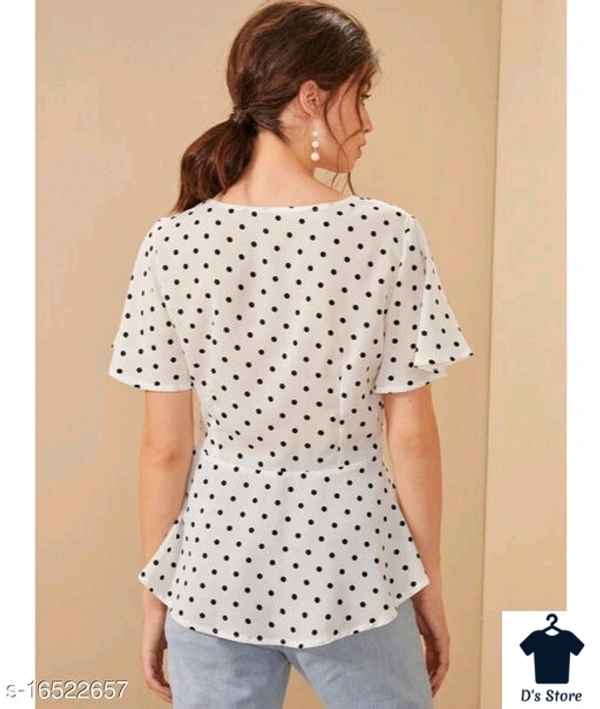 Women White Black Spot Top With Deep Neck - M