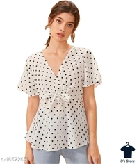 Women White Black Spot Top With Deep Neck - L