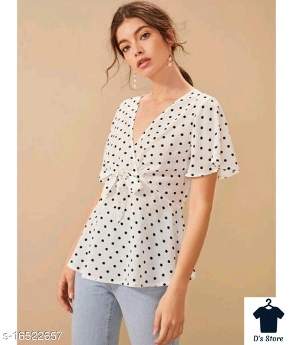 Women White Black Spot Top With Deep Neck - L