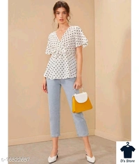 Women White Black Spot Top With Deep Neck - XL