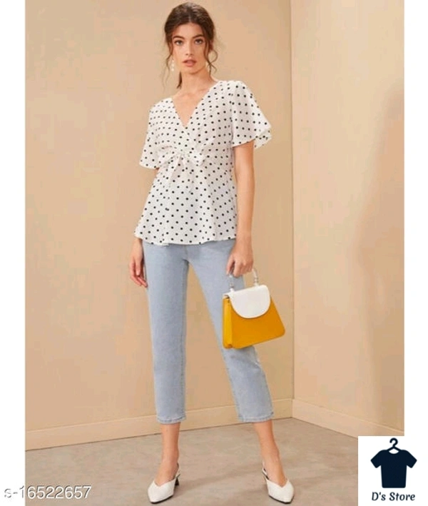 Women White Black Spot Top With Deep Neck - XL