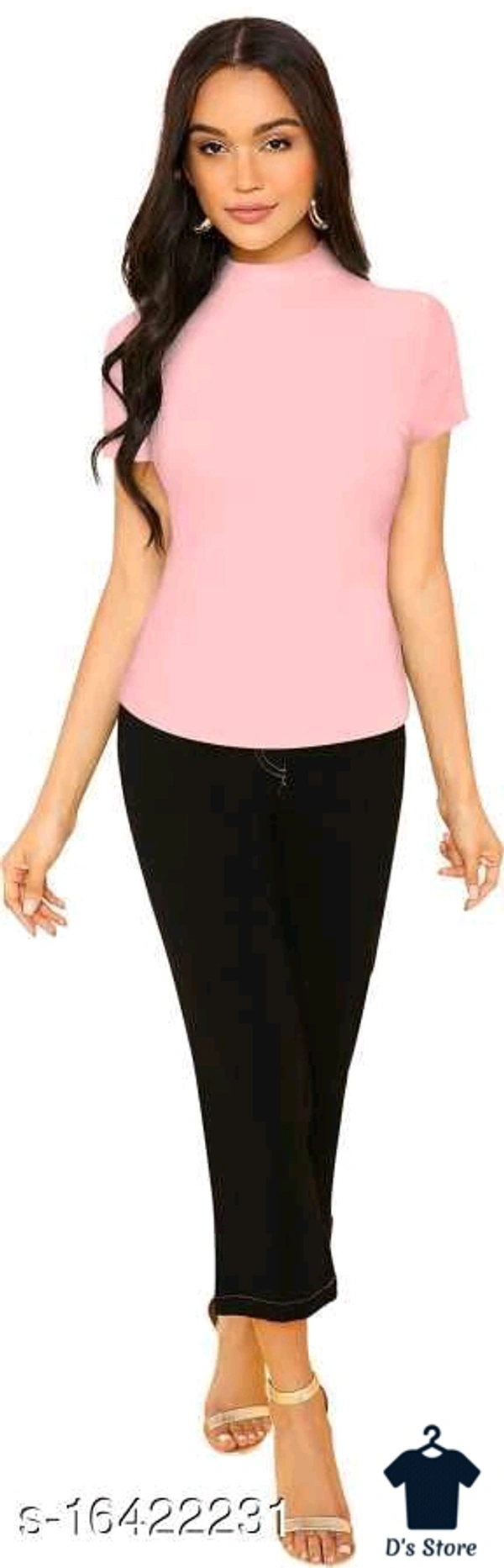Turtle Neck Short Sleeve Women Peach Color Top - S