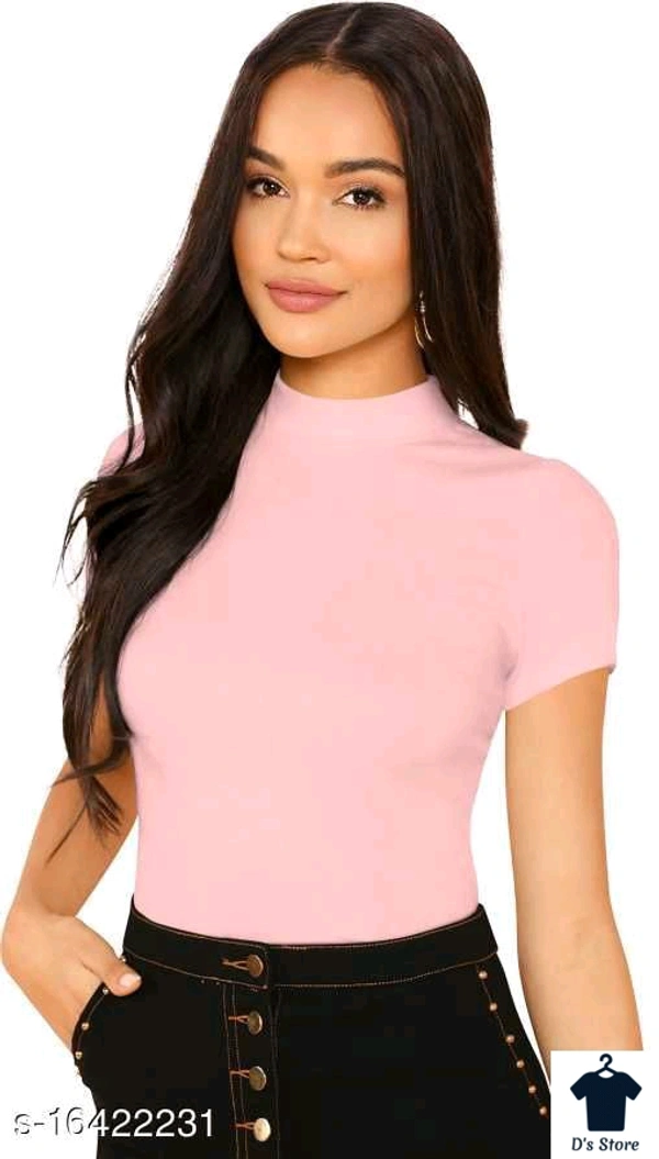 Turtle Neck Short Sleeve Women Peach Color Top - M