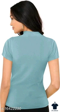 Sky Blue Women Turtle Neck Top With Short Sleeve - XS