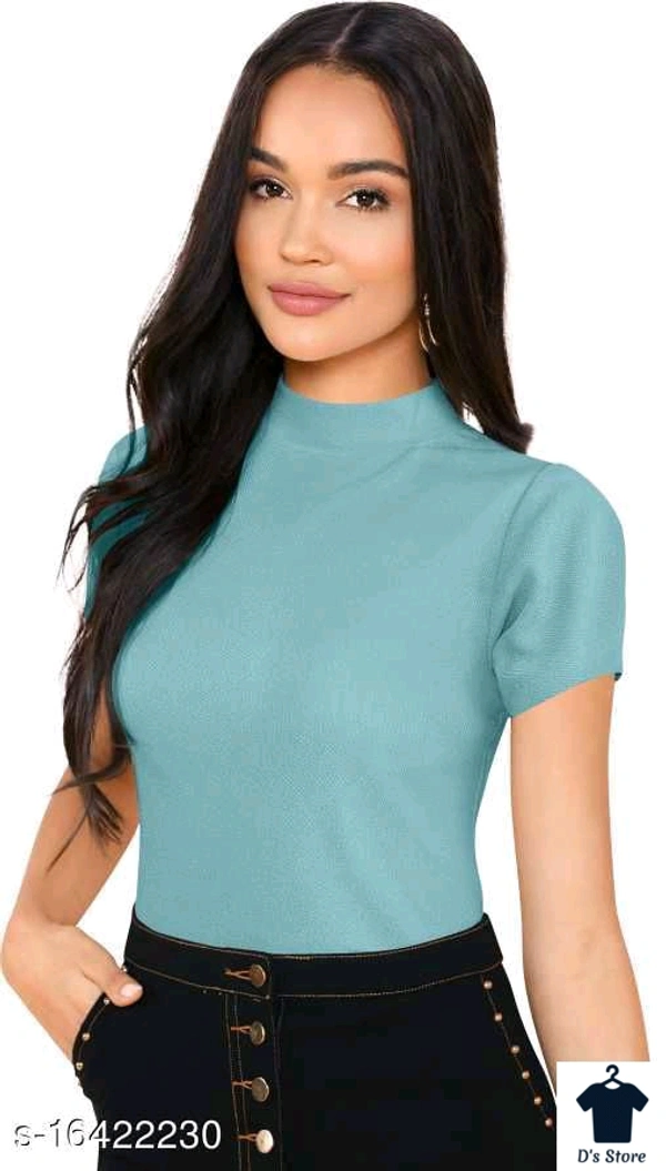 Sky Blue Women Turtle Neck Top With Short Sleeve - M