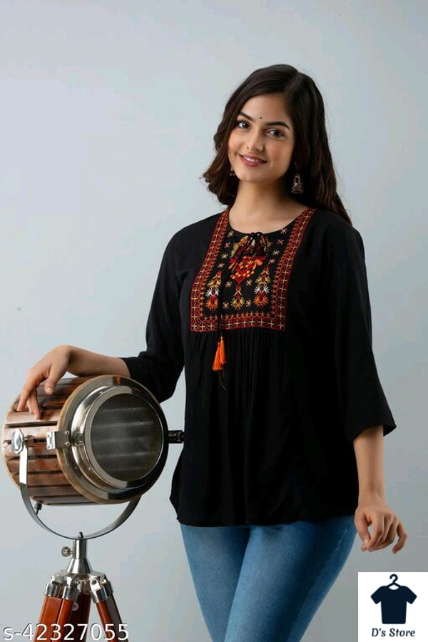 Women Black Care Top With Embroidery - L