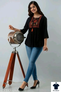 Women Black Care Top With Embroidery - L