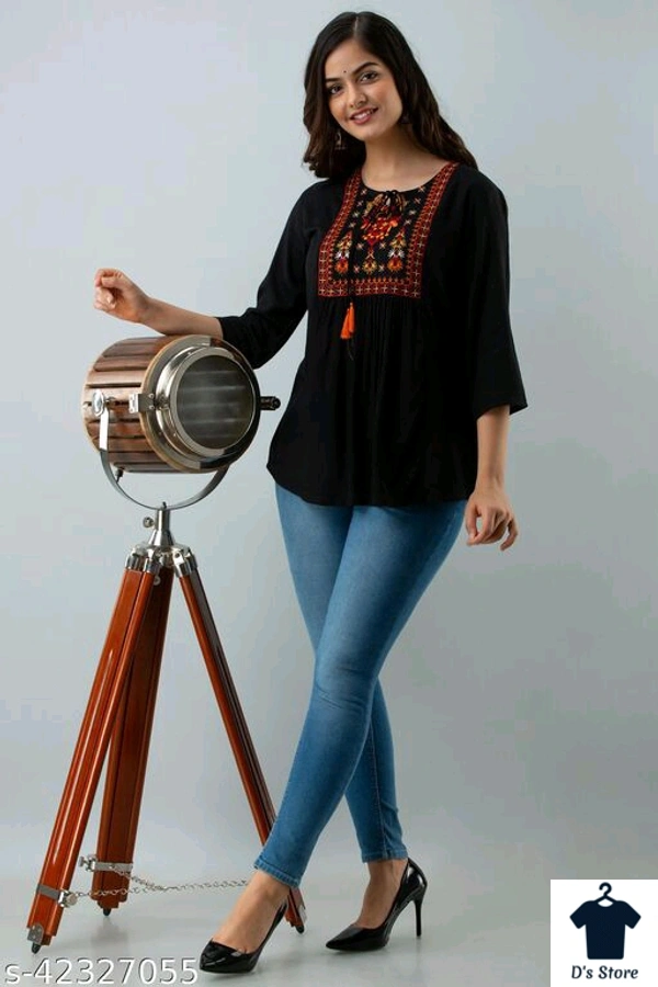 Women Black Care Top With Embroidery - L