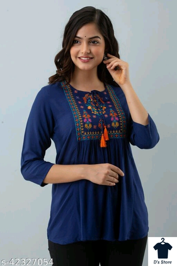 Women Dark Blue Long Top With Purple Embroidery - L
