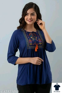 Women Dark Blue Long Top With Purple Embroidery - L