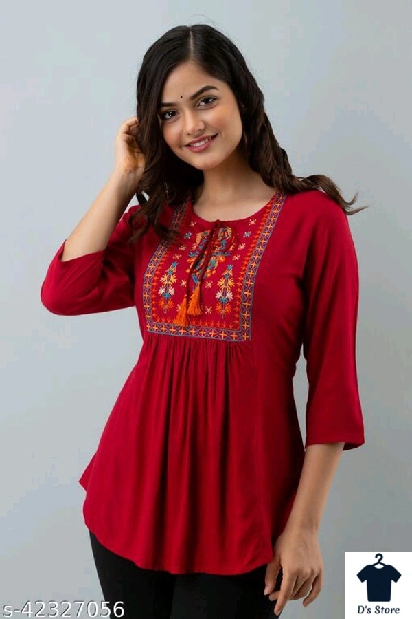 Women Red Top With Embroidery - M