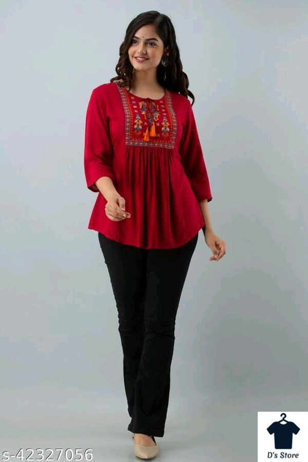 Women Red Top With Embroidery - XXL