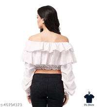 Ruffle Floral Off Shoulder Short White Women Top - M