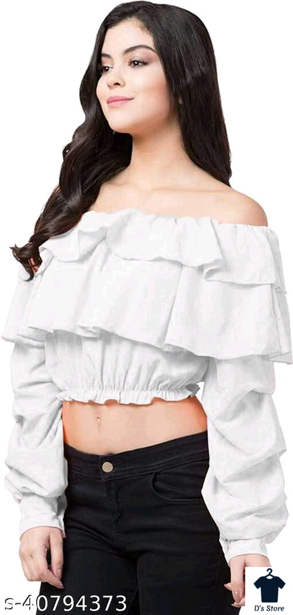 Ruffle Floral Off Shoulder Short White Women Top - M