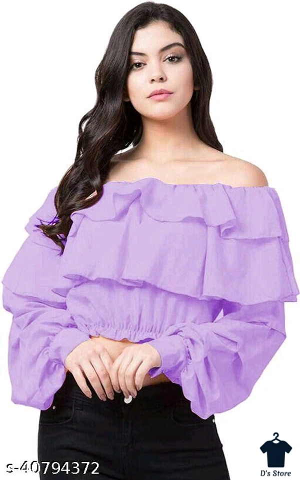 Ruffle Floral Off Shoulder Short Purple Women Top - L