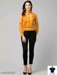 Sexy Lantern Sleeves 3D Floral Women Top Yellow - L