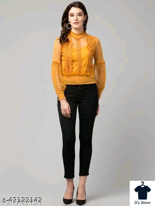 Sexy Lantern Sleeves 3D Floral Women Top Yellow - L