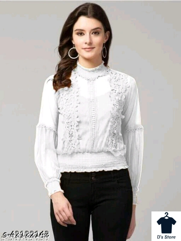  Lantern Sleeves 3D Floral Women Top White - S