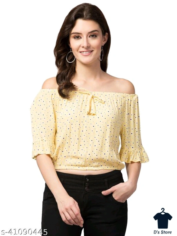Pretty Light Yellow Black Dot Printed Women Top - L
