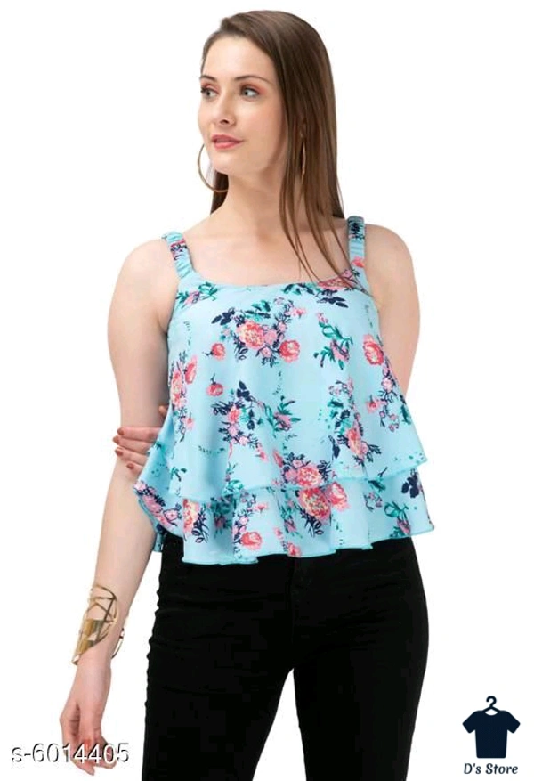 Women Printed Blue Poly Crepes Top - M