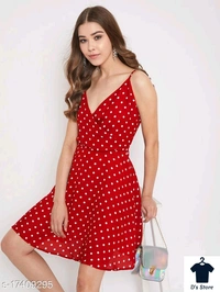 Red White Dot Printed Women Dress - L