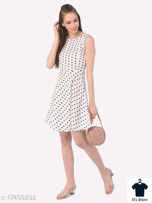 Women White Black Dot Printed Dress - L