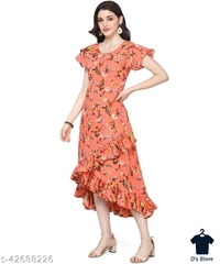 Women Creep Orange Color Printed Dress - S