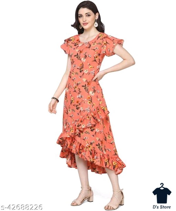 Women Creep Orange Color Printed Dress - M