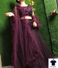 Wine Colour Lehenga Choli  - Semi Stitched