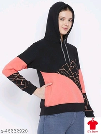 Women Printed Black And Peach Colored Hooded Sweatshirt - L