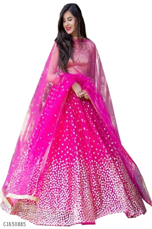 Attractive Sequins Work Net And Silk Lehenga  - Free Size 