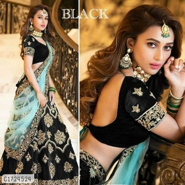Delicate Embroidered Velvet Lehenga  - Semi Stitched