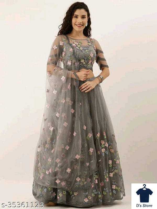 Grey Net Embroidery Women Wedding Lehenge - FREE SIZE