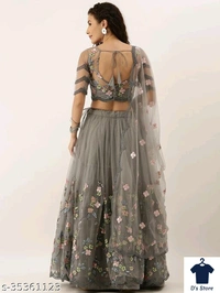 Grey Net Embroidery Women Wedding Lehenge - FREE SIZE