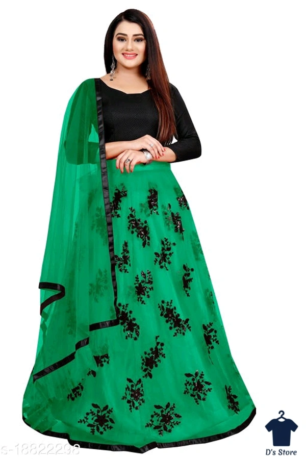 New Women Green Color Net Lehenge - Stitched