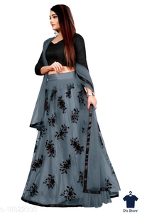 Women's Grey Color Net Lehenge - Semi Stitched