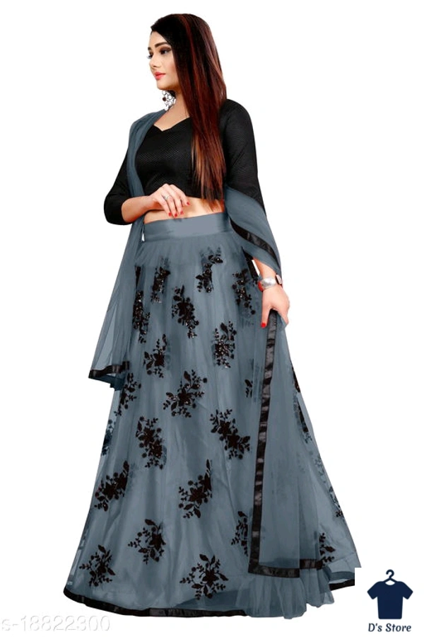 Women's Grey Color Net Lehenge - Semi Stitched