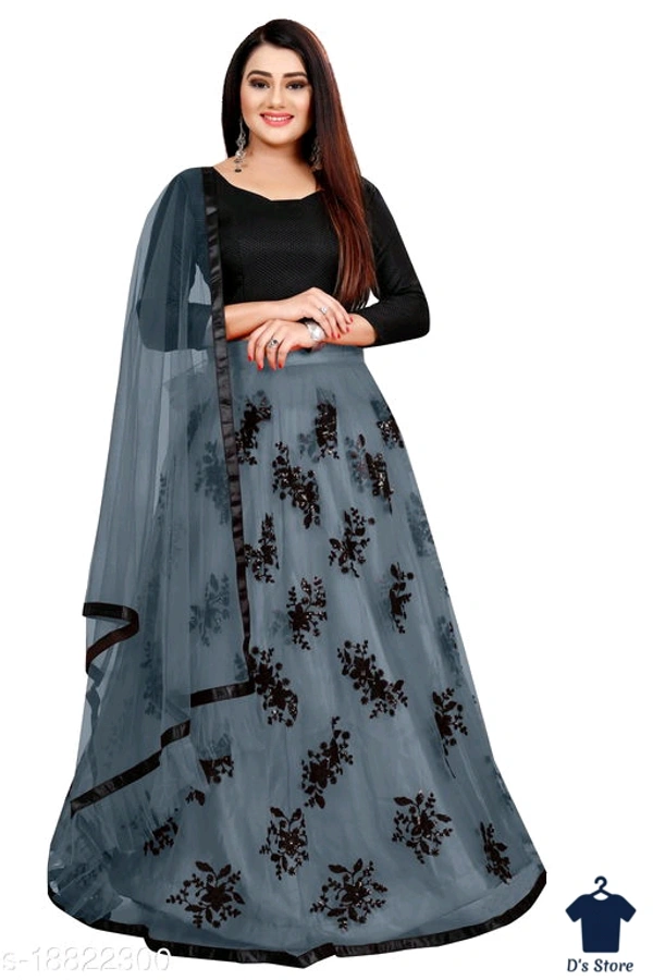 Women's Grey Color Net Lehenge - Semi Stitched