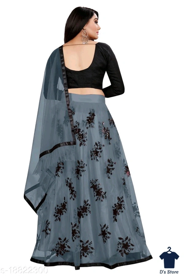 Women's Grey Color Net Lehenge - Semi Stitched