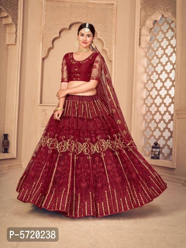 Maroon Embroidered Lehengas Choli  - Semi Stitched