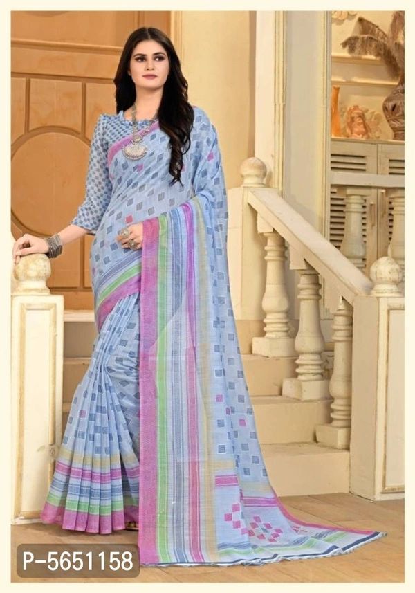 Beautiful Linen Printed Saree With Blouse 