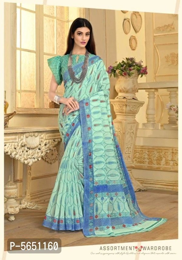 Beautiful Linen Printed Saree With Blouse 